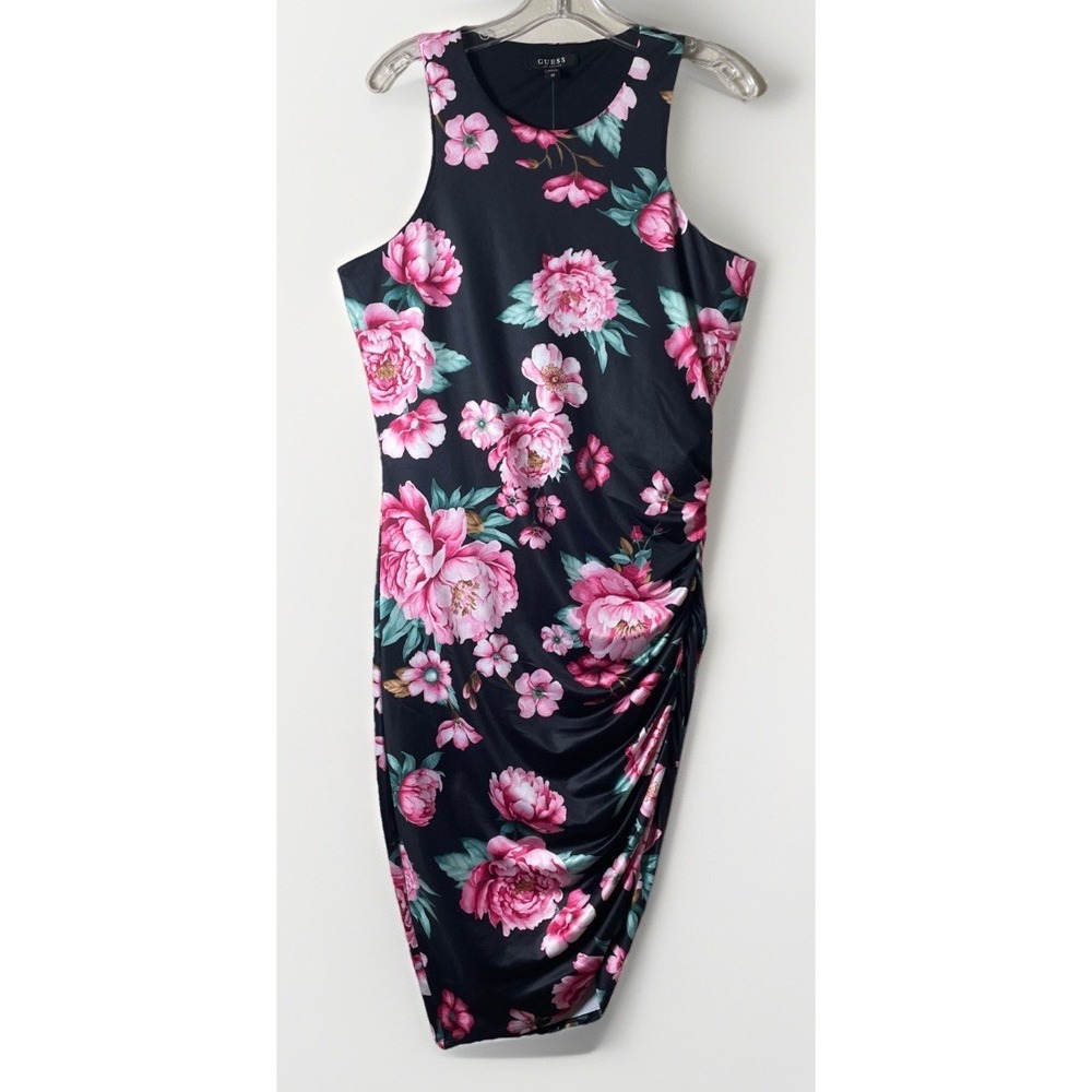 Guess Wrenley Black Floral Printed Knit Body Con Side Ruched Dress Women's M NWT